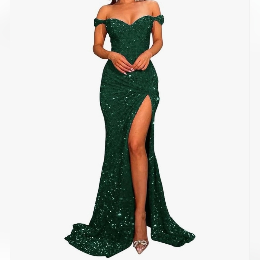 Green Sequin Off-Shoulder Dress